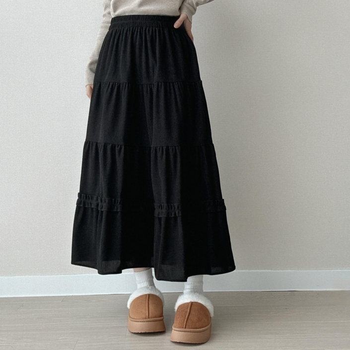 파츠 여성 골덴 캉캉 밴딩 롱 스커트