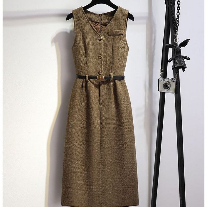 COSYEVNO 모직 나시 원피스 여성 가을 겨울 허리띠 롱 민소매 스커트