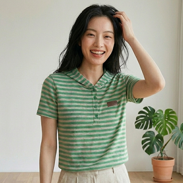 데일로엔 여성 여름 데일리 스트라이프 단가라 후드 반팔 티셔츠