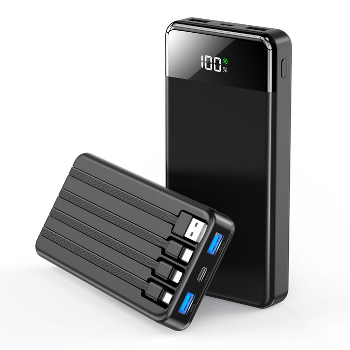 UOOFON 일체형 보조배터리 고속충전 30000mAh 대용량 PD 22.5W QC3.0 잔량표시 4개 케이블 멀티단자, 블랙, N6