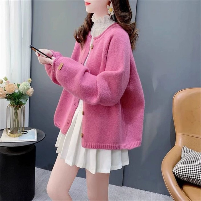 PEROLA 여성 라운드넥 니트 가디건 루즈핏 빅사이즈 2color 단추 긴팔 스웨터 아우터