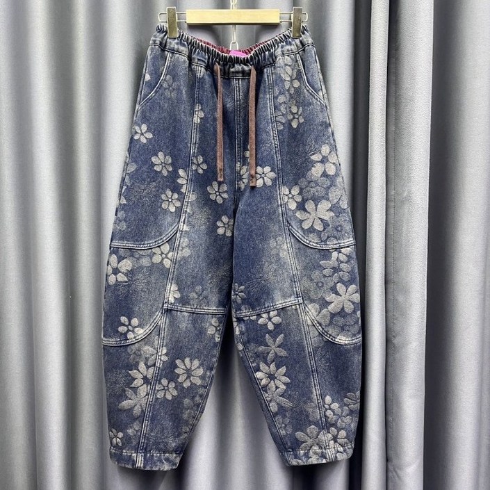 PEROLA 여성 배기청바지 플라워 프린트 스트링 밴딩 가을 겨울 빅사이즈 기모 데님 팬츠
