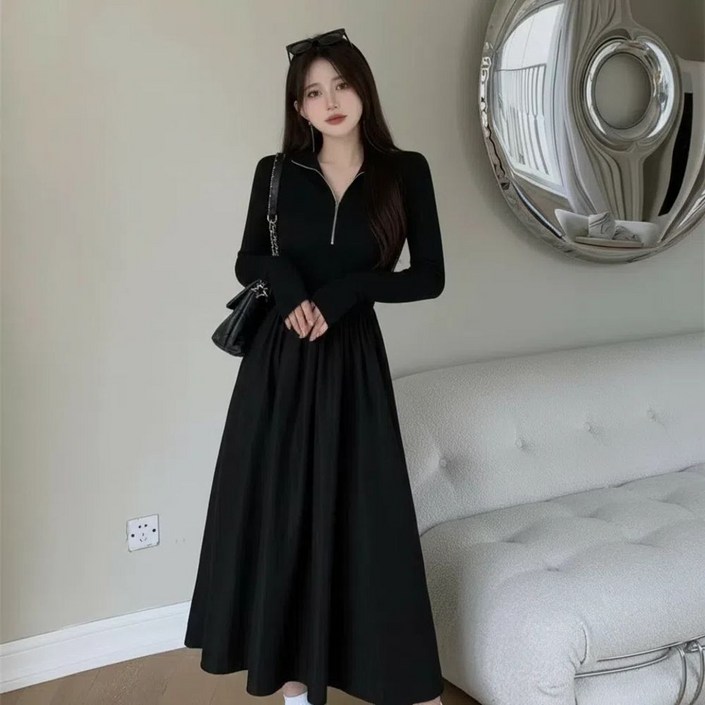 BuGeum 여성 가을겨울 집업 원피스 긴팔 브이넥