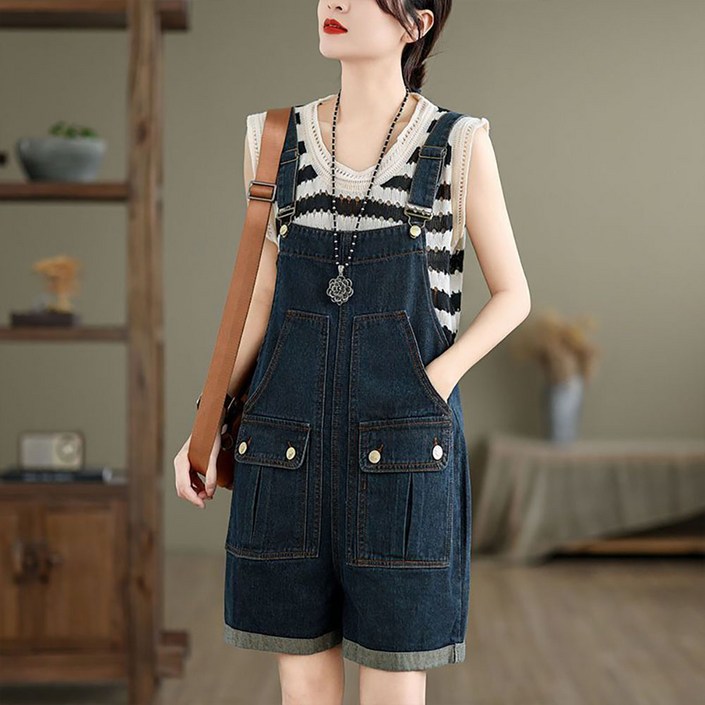 지고다그 여성 여름 빅사이즈 멜빵 데님 반바지 포켓 디테일 루즈핏 캐주얼 점프수트 GJX2131