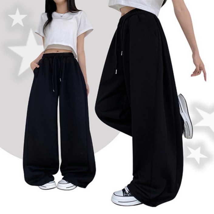 파쿠 여름 버전 입고 사이드 핀턱 와이드 롱 팬츠 밴딩 트레이닝 밑단스트링