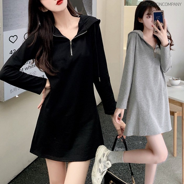 이너퀸 프리수 여성용 빅사이즈 후드 집업 A라인 플레어 미니 짧은 숏 긴팔 원피스 후드미니원피스
