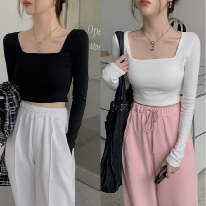 에르모소 11 여성 스퀘어넥 크롭 긴팔 티셔츠 여름 사계절 크롭티 HC035