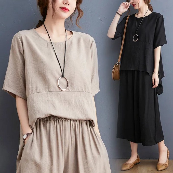 여름 린넨 반팔 투피스 루즈핏 와이드팬츠 중년 여성세트
