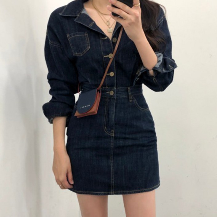 랜덤플레이 데님 포켓 셔츠 원피스