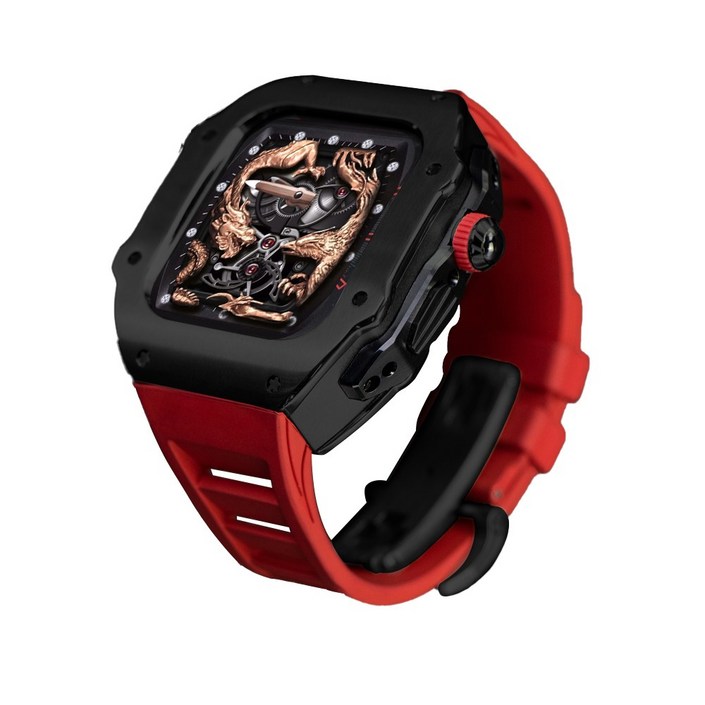 애차드밀 스틸 메탈 케이스 불소 고무 스트랩 밴드 호환 애플워치 울트라2 49 mm 시리즈 9 8 7 45 mmSE 시리즈 6 5 4 44mm, 블랙레드