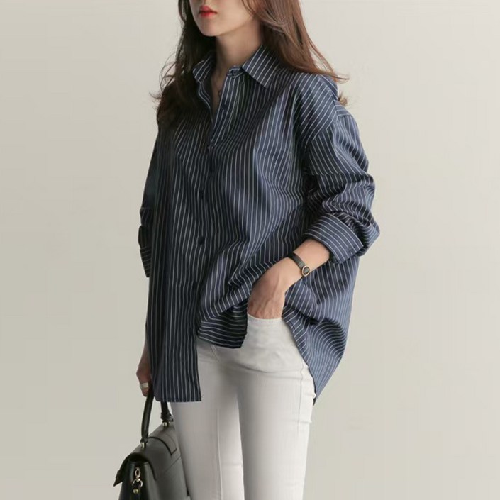 여성용 스트라이프 긴팔 중장기장 루즈핏 셔츠 여성셔츠 스트라이프셔츠 긴팔셔츠 루즈핏셔츠 중장기장셔츠 캐주얼셔츠 데일리셔츠