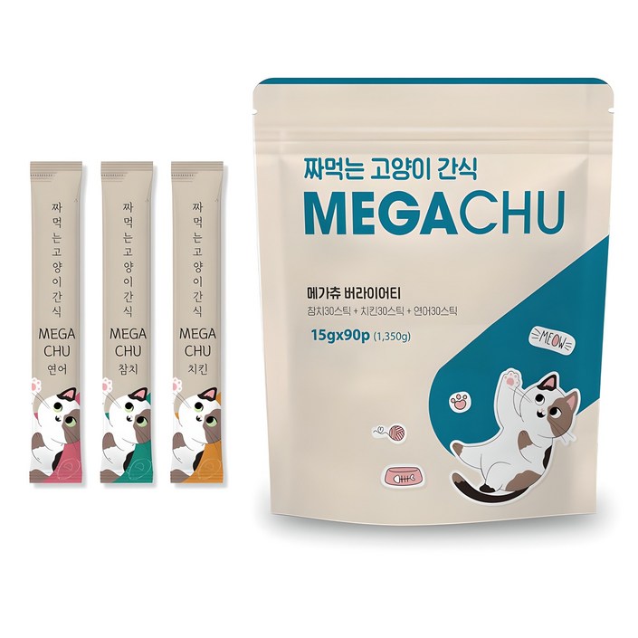 메가츄 짜먹는 츄르 고양이간식 90스틱 대용량, 연어치킨참치, 15g, 90개