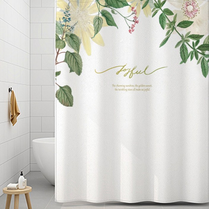 코팅블루 설치쉬운 무타공 방수 욕실 샤워커튼+커튼링세트, 1세트, 14.플라워트리