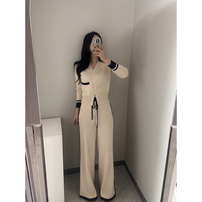 치즈롱 투피스세트2color  배색골지 니트투피스