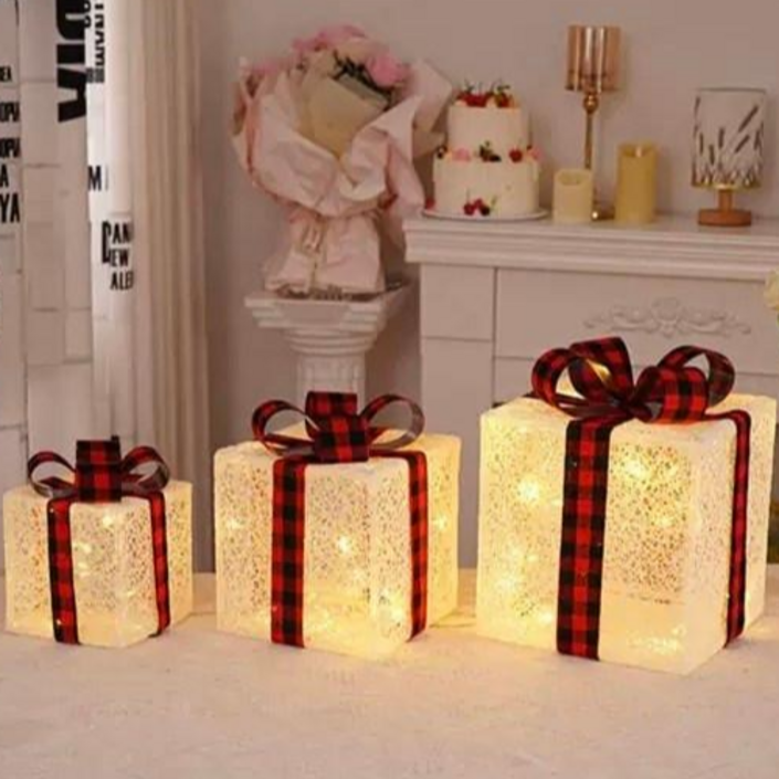 굿도우 크리스마스 선물상자 3종세트 LED 조명 장식 2526, 1세트, D.화이트 체크리본