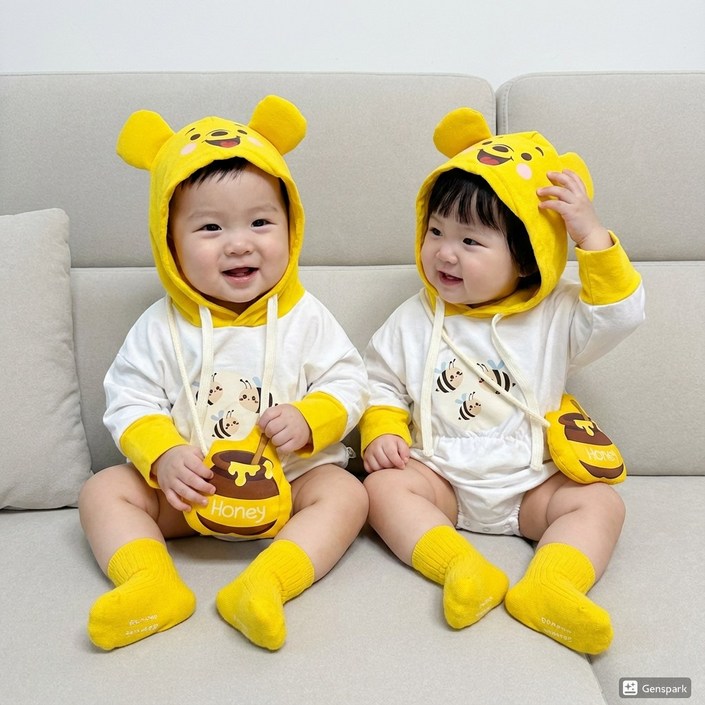 로이앤한나 귀여운 노랑곰 긴팔 남아 여아 후드 슈트 가방 2종세트