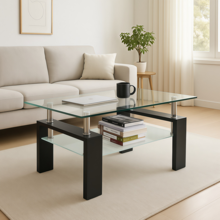 프리미엄 사각 강화유리 2단 소파 거실 티 테이블 모던 인테리어 카페 거실탁자, 투명