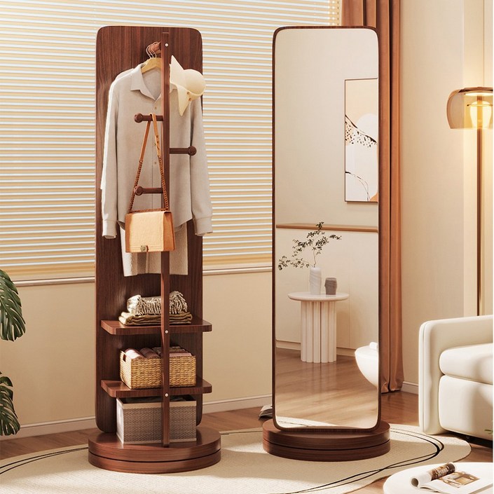 다기능 전신거울 스탠드 아치형 대형 거울 360도 회전 겸용 옷걸이행거 미러, 갈색 나무색