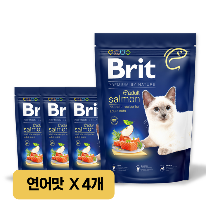 [유통기한 할인] 브릿 프리미엄 캣 사료 고양이 장건강 소화건강 피부건강 면역력향상 생선 사료, 4개, 1.5kg, 연어