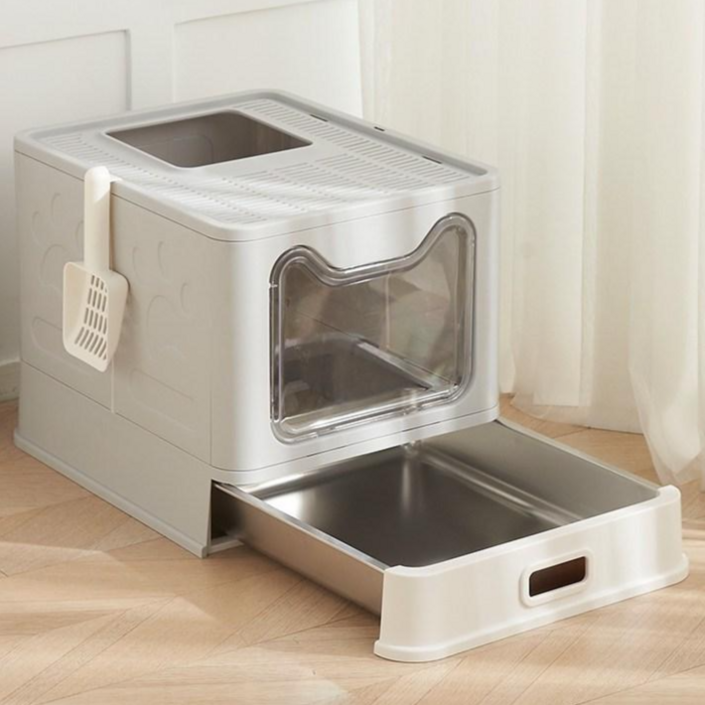 Star Fun 고양이 스테인리스 화장실 대형 후드식, 1개, 회색