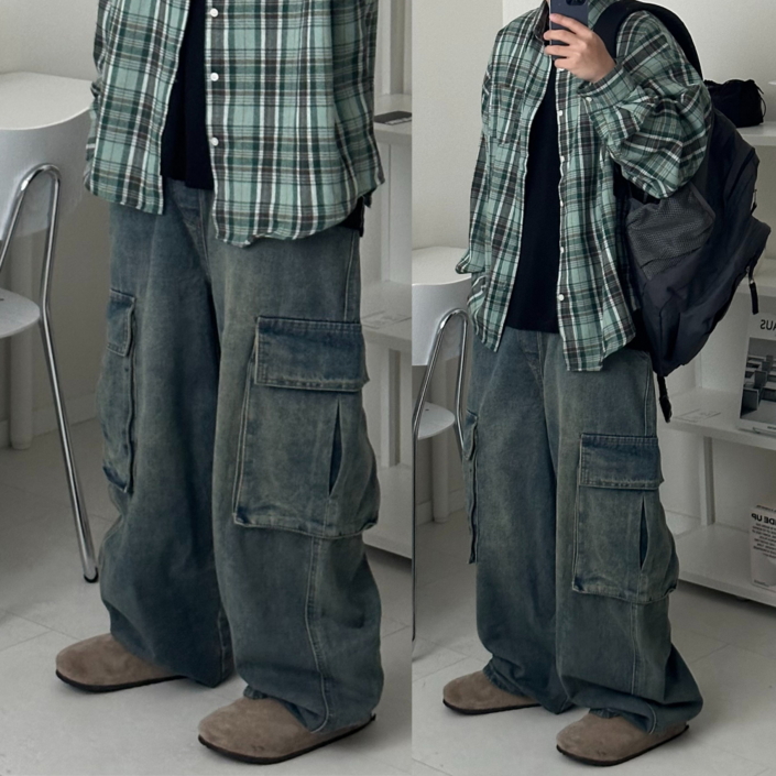 르위 데일리 스냅 카고 와이드 데님팬츠