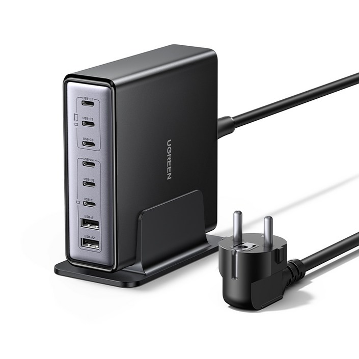 UGREEN 유그린 200W 8포트 GaN USB C 고속충전기 PD100W 데스크탑 c타입 접지형 멀티충전기 맥북프로16 맥북에어 아이폰 17 16 아이패드 갤럭시S25 호환, Black, 1개