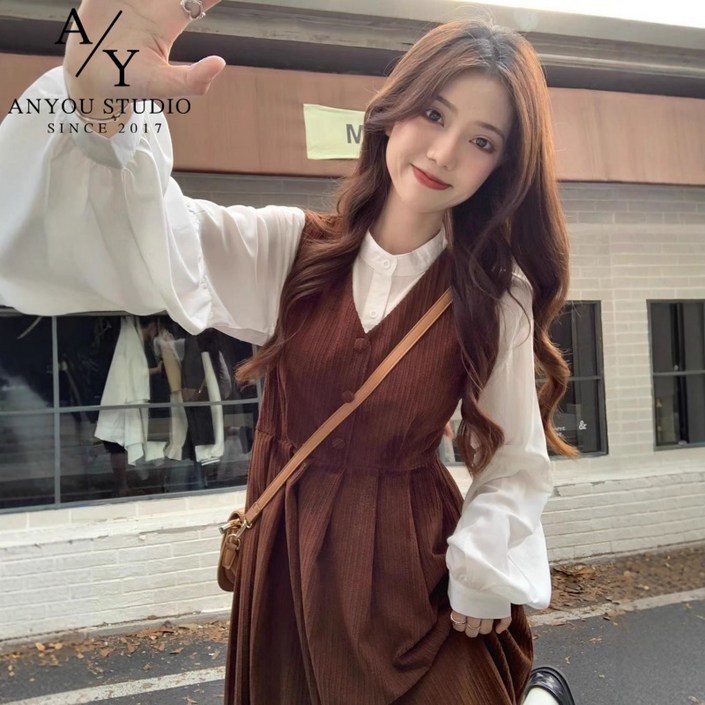 ANYOU 패션 롱 여성원피스 코듀로이 슬림핏  학원풍 데일리룩 셔츠원피스 여성용 휴양지원피스 브이넥 브라운컬러 롱원피스