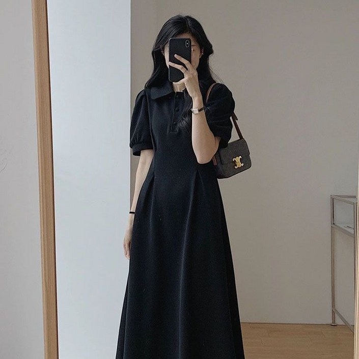 여성 빅사이즈 퍼프소매 롱 원피스 반팔 루즈핏 허리라인 슬림핏 원피스