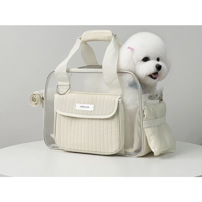 반려동물 이동가방 강아지 산책 가방 가벼운 통기 경량 슬링백, 1개, 아이보리