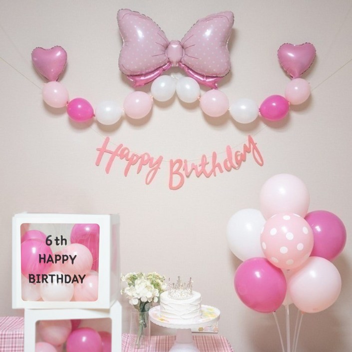 연지마켓 생일풍선 생일파티용품 리본풍선 세트, 핑크 벌룬박스 세트