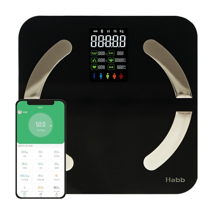 하비비 프리미엄 스마트 블루투스 체지방 인바디 디지털 체중계, black, 1개, CTRBFS565