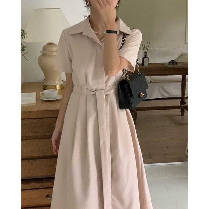 루어스룸 필립 카라넥 봄 여름 셔츠 허리끈 벨트 A라인 플레어 하객룩 맥시 롱 원피스