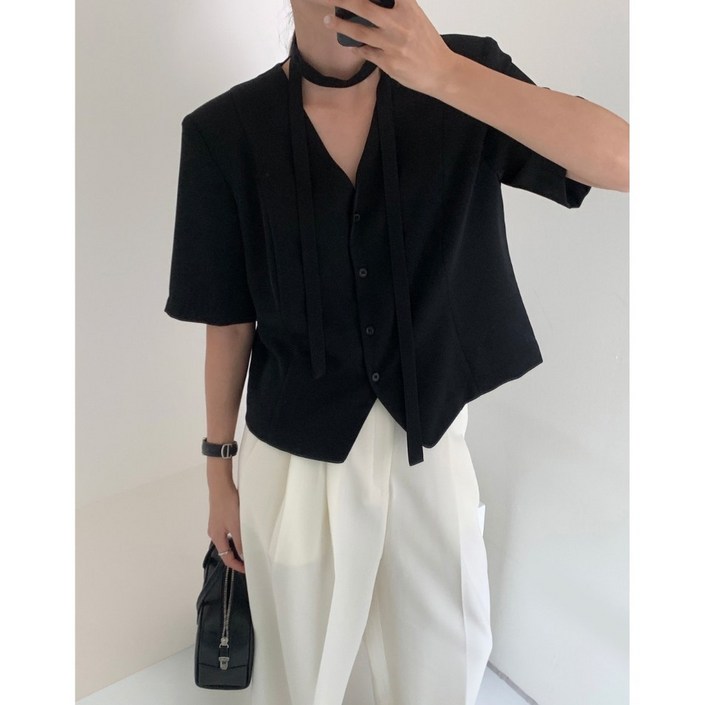 체인지쉬change she여성 브이넥 벨티드 정장핏 반팔 자켓 심플 블라우스
