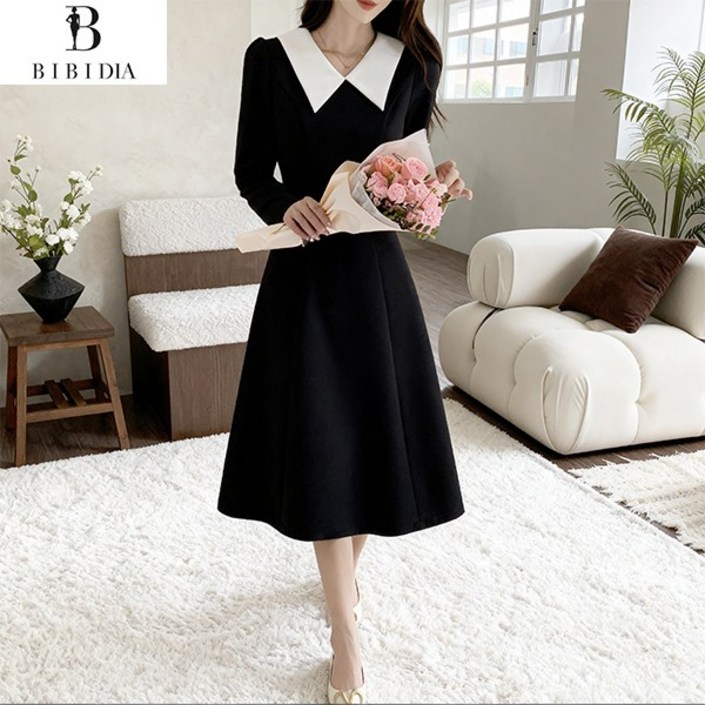 비비디아 여성 봄가을 벨트 플레어 배색 화이트 카라 하객룩 오피스룩 원피스 데일리룩벨트포함5575