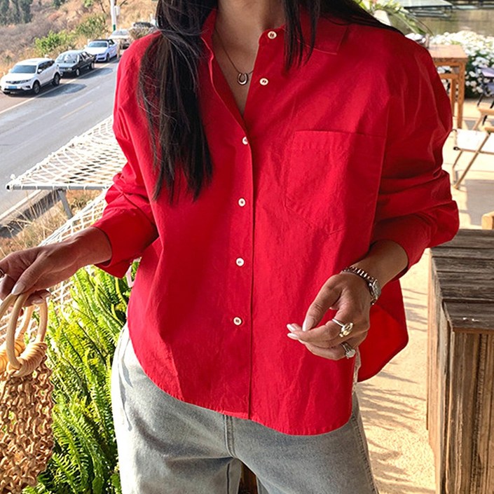 네모엔룩 핀터코튼크롭 여성용 언밸런스 앞뒤기장 세미크롭 셔츠카라넥 원포켓 코튼 긴소매 셔츠 블라우스 남방