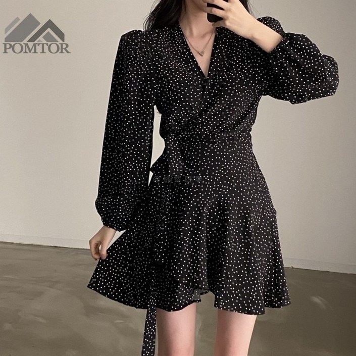 POMTOR 여성용 봄가을 도트 브이넥 루즈핏 긴팔 원피스 휴양지룩