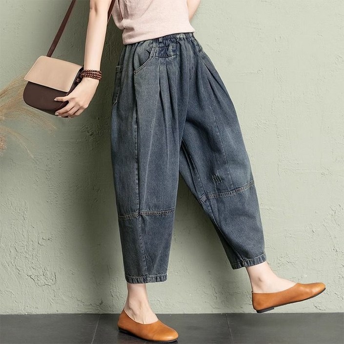 Gradle 여성 배기청바지 빅사이즈 밴딩 데님 팬츠 항아리 밴딩  청 바지 여자 와이드청바지데님 루즈핏 배기팬츠 스판 오버핏바지