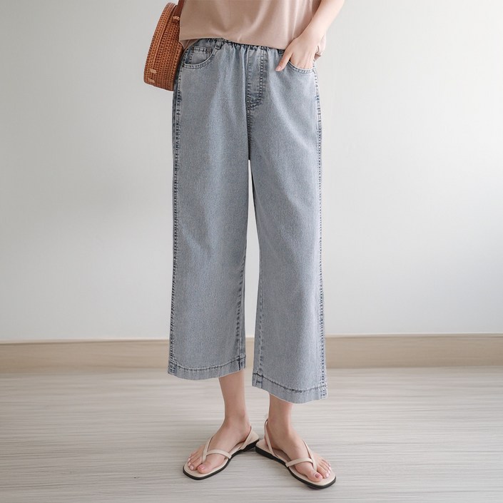 여성 여름 밴딩 청바지 8부 와이드 연청 데님 스판 하체커버 팬츠