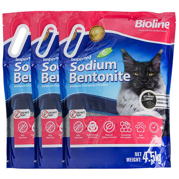 bioline 유럽 소디움 벤토나이트모래4.5KGX3봉 99 먼지날림 없음 98 탈취력, 활성탄, 3개, 4.5kg