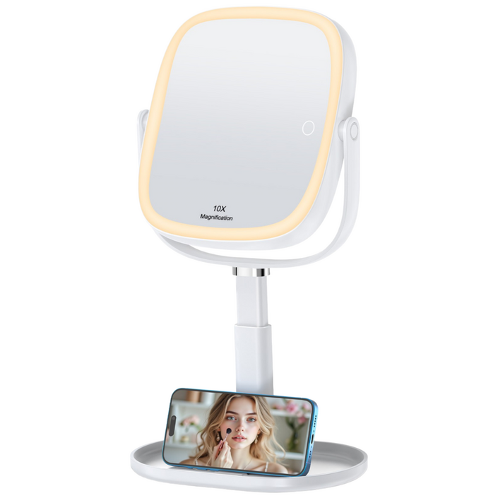 LED 조명 탁상 화장거울 360도회전 1배10배 확대 3000mAh, 화이트