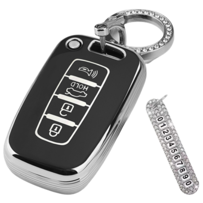 키에티 현대 기아 호환 쏘렌토R 그랜저TG 모하비 4버튼 TPU 엣지 키케이스  큐빅번호판, 실버블랙, HKA04CH