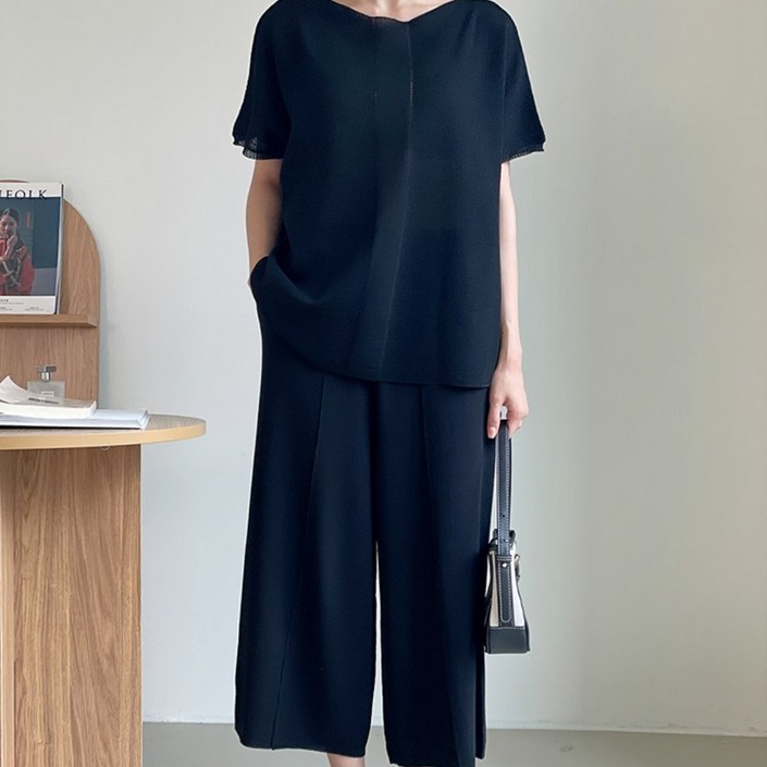 니트코어 여성 여름 루즈핏 빅사이즈 여유 가오리 반팔 나시 민소매 니트 밴딩 세미와이드 팬츠 바지 투피스 셋업 등하원룩 임부복