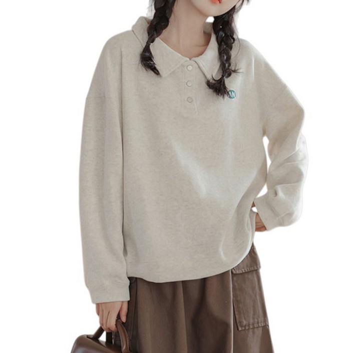 Makone 여성 봄 가을 루즈핏 맨투맨 자수 캐쥬얼 카라 티셔츠