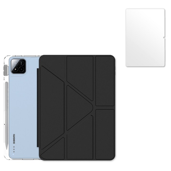 칸탐 샤오미 패드 커버 케이스 +강화유리 액정보호필름 세트, 블랙, 1세트
