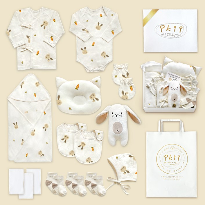 ikii 유아용 오가닉 배냇저고리 긴소매 15종 출산 선물세트 선물포장  쇼핑백