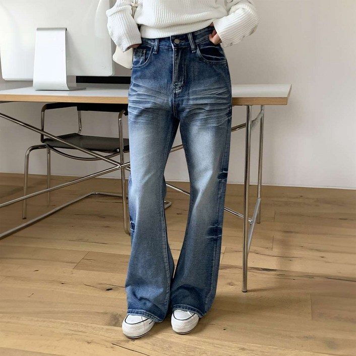 시크블랙 여성용 롱/숏 기장 세로그 빈티지 사이드 워싱 부츠컷 데님 팬츠 cppt15705c5c