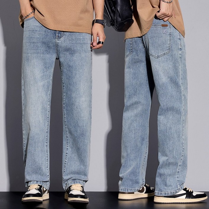 wassup남성 청바지 와이드 스트레이트진프리미엄 워싱 스판 빅 사이즈 팬츠