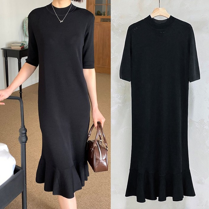 니트코어 여성 부드러운 모던 프릴 머메이드 니트 블랙 롱 미디 원피스 드레스 하객룩 하객원피스