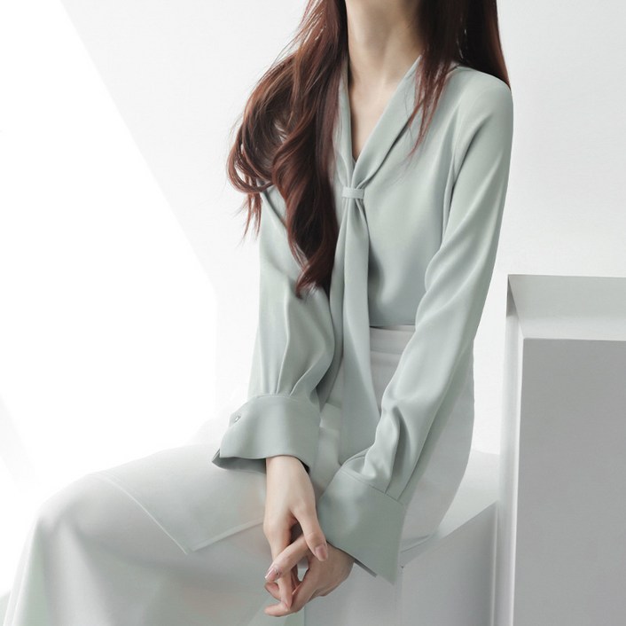 BLACK K7여성오버핏 브이넥 타이블라우스 베이식 데일리 쉬폰 셔츠