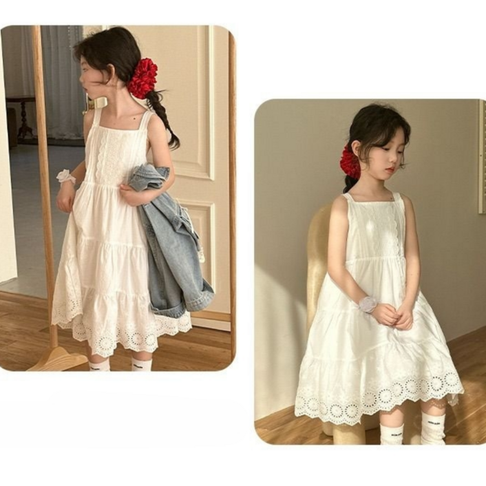 하와즈(170까지) 러블리 레이스 밑단 크롭 청자켓 어깨끈 코튼 펀칭자수 롱원피스